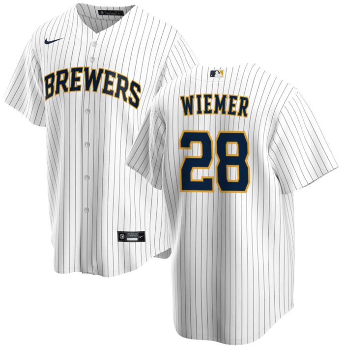 Men's Milwaukee Brewers #28 Joey Wiemer White Cool Base Stitched Jersey - Click Image to Close